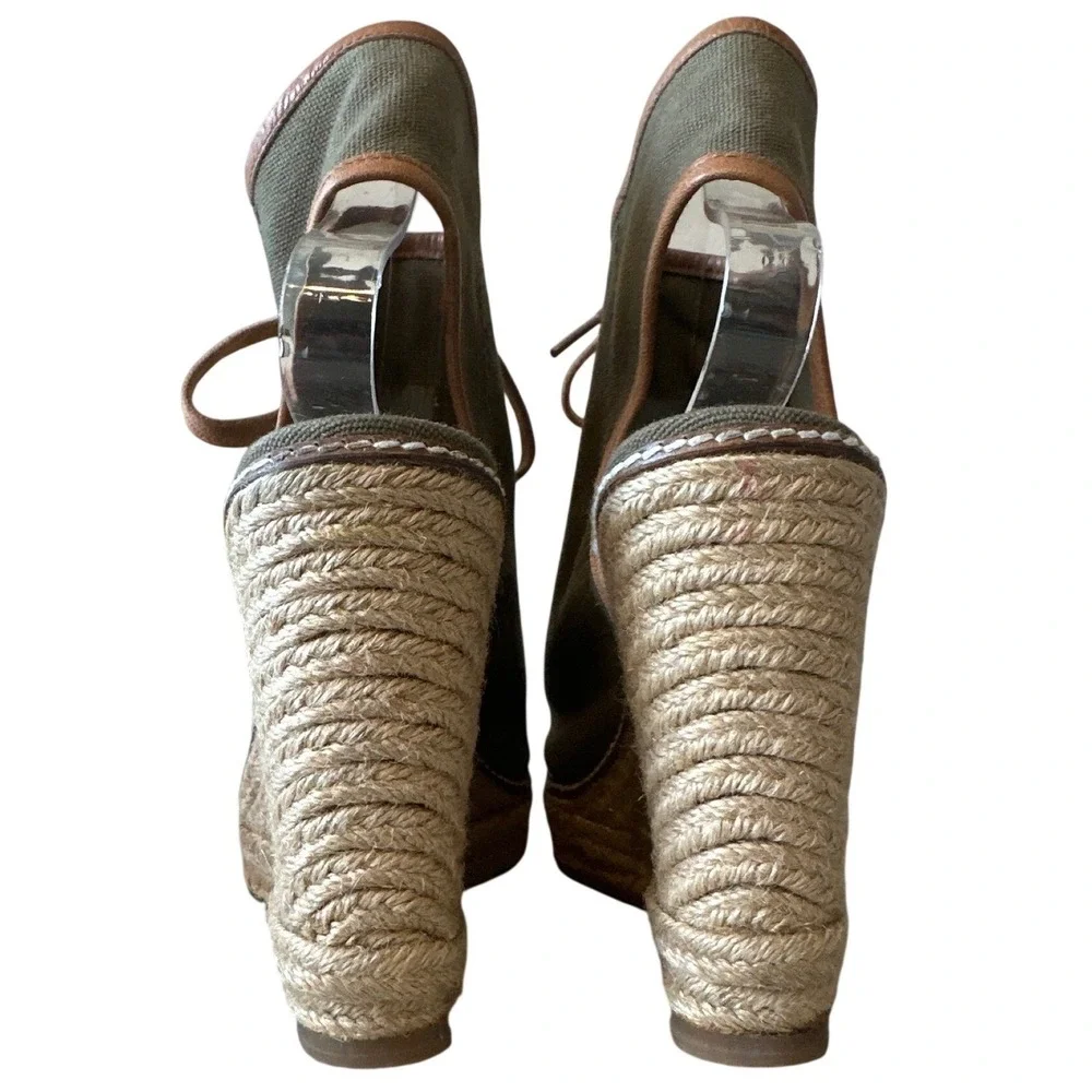 Tory‎ Burch Blair Wedge Lace Up Espadrilles Olive Canvas Size 8
